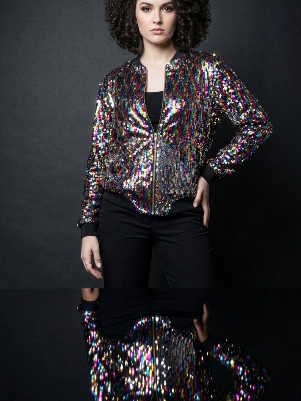 Cresay Iridescent Sequin Bomber Jacket Size XXL
